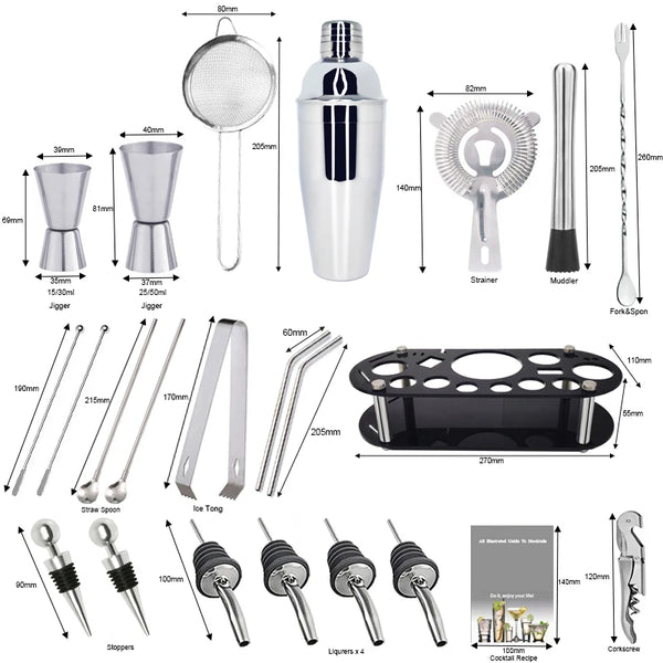 Sammlung professioneller Cocktail-Shaker-Werkzeuge, darunter Siebe, Stampfer und Zangen.