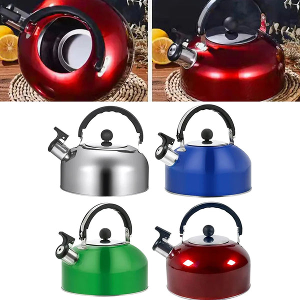 A collection of four colorful whistling camping teapots in stainless steel and ceramic finishes.