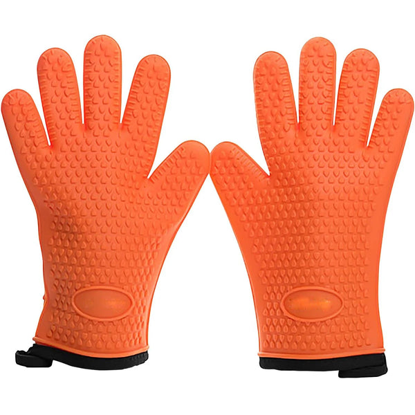 Paar leuchtend orangefarbener Silikon-Ofenhandschuhe für das Kochen bei hoher Hitze.