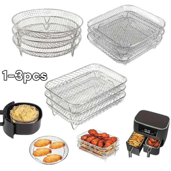 Set stapelbare Edelstahl-Grillgitter für Öfen und Friteusen, verschiedene Größen und Formen.
