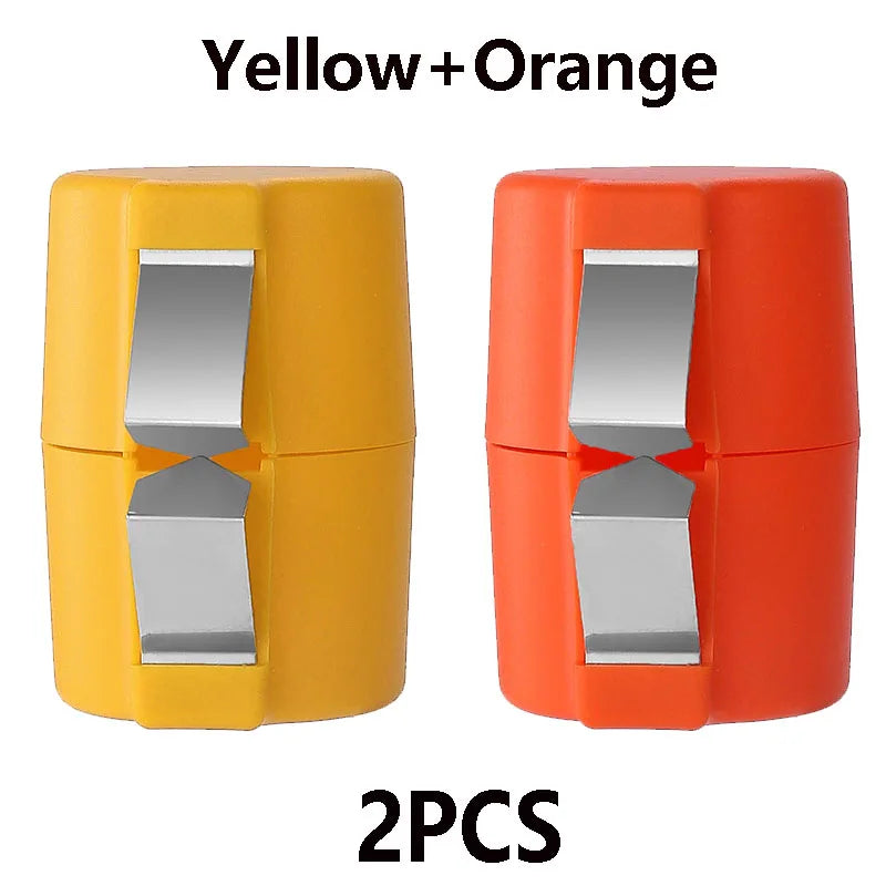 Two yellow and orange manual egg shell openers or beaters shown side by side.