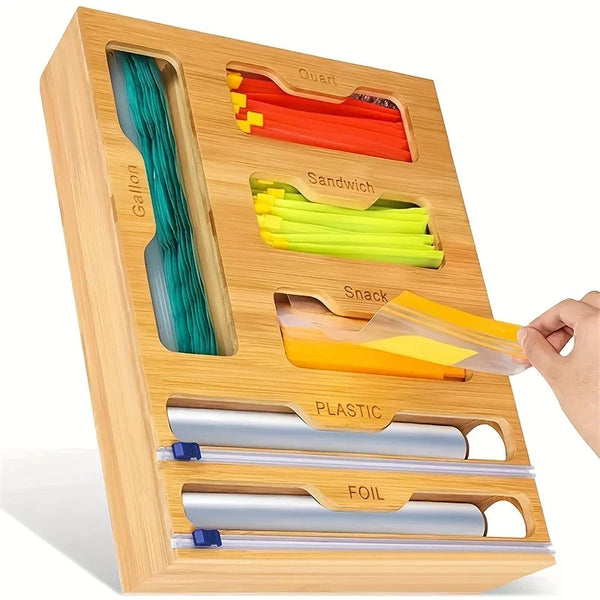 Holzbehälter mit Fächern für verschiedene Lebensmittelverpackungen (Quart, Gallone, Sandwich, Snack, Plastik, Folie).