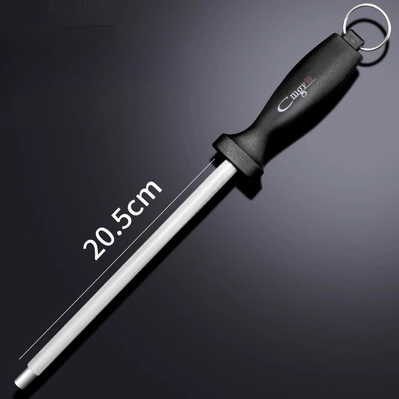 A black and silver knife sharpening rod with a handle and a long metal shaft is shown against a dark background.