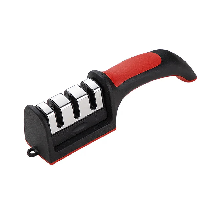 A black and red handheld knife sharpener with three stages of tungsten steel blades.