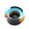 A multi-function egg cutter and beater tool with silicone components in blue, yellow, and black.