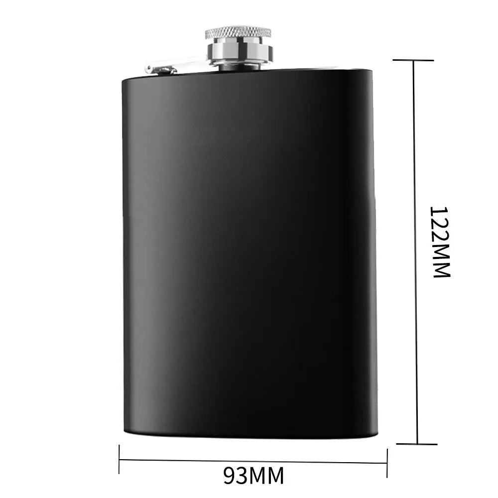 A black portable stainless steel hip flask with a silver cap, shown in a side view.