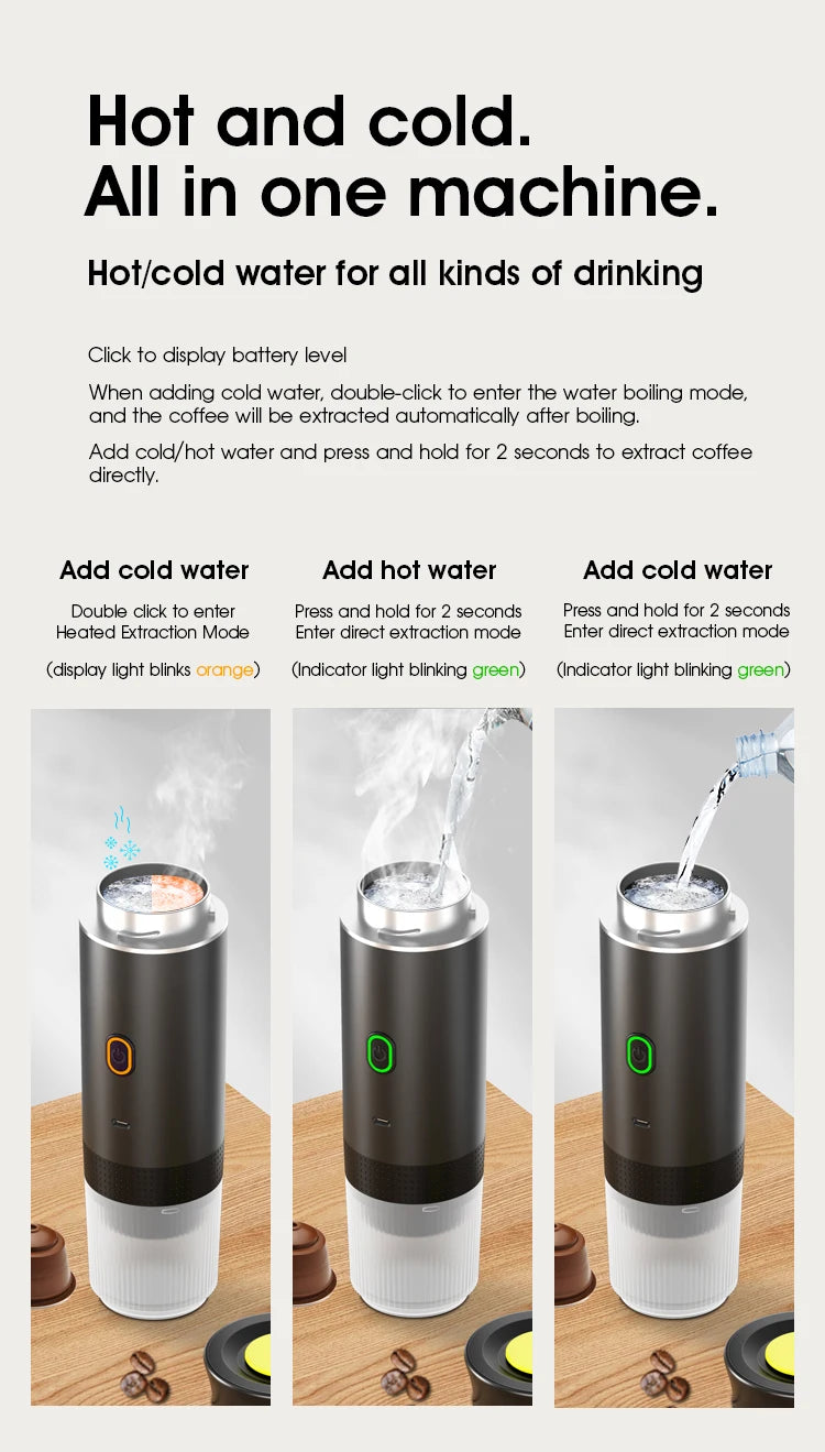 A portable electric espresso coffee maker with a black and silver design showing three modes for adding hot and cold water.