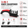 A black and red 3-in-1 knife sharpener with a handle, showing three stages for sharpening kitchen knives.