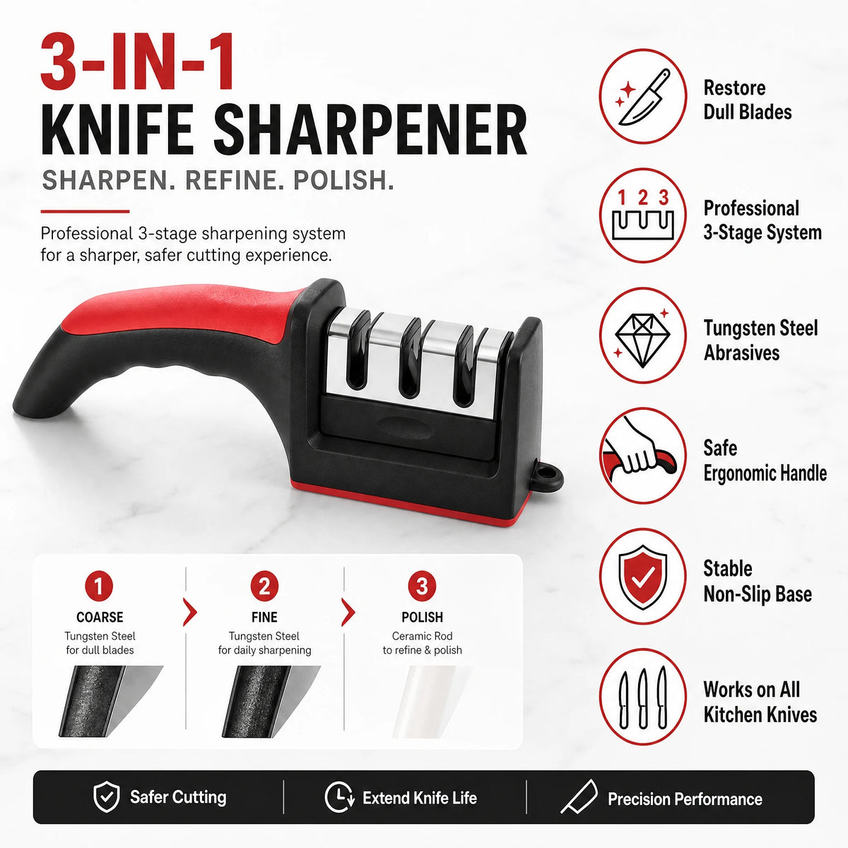 A black and red 3-in-1 knife sharpener with a handle, showing three stages for sharpening kitchen knives.