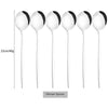 A set of six dinner spoons with black and white designs shown vertically.