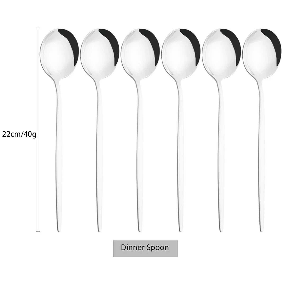 A set of six dinner spoons with black and white designs shown vertically.