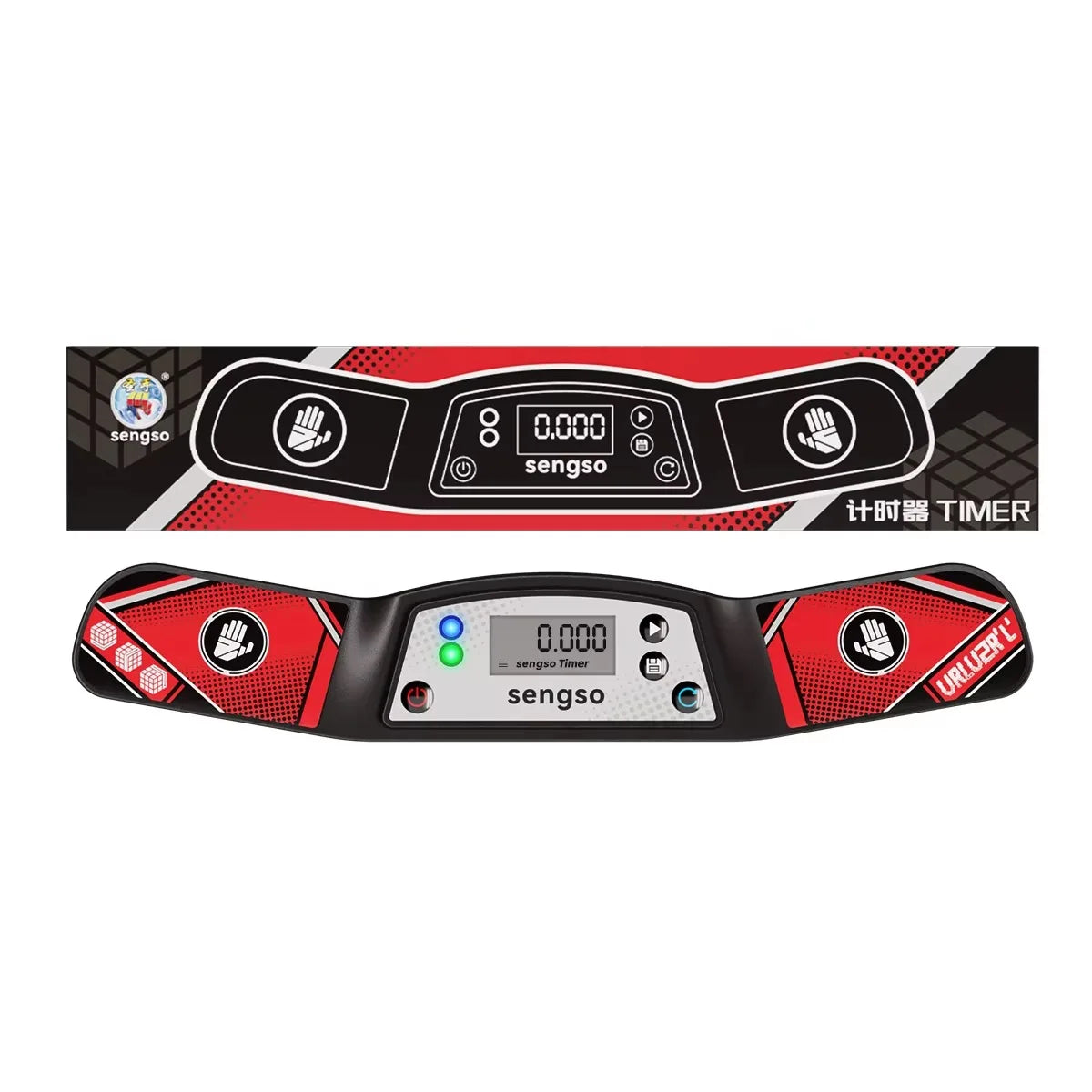 A black magic cube timer device with a digital display and buttons, featuring red and black accents.