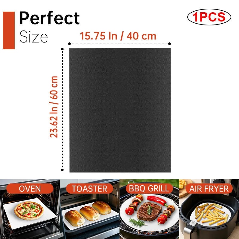 A black reusable silicone baking mat shown next to various kitchen appliances like an oven, toaster, BBQ grill, and air fryer