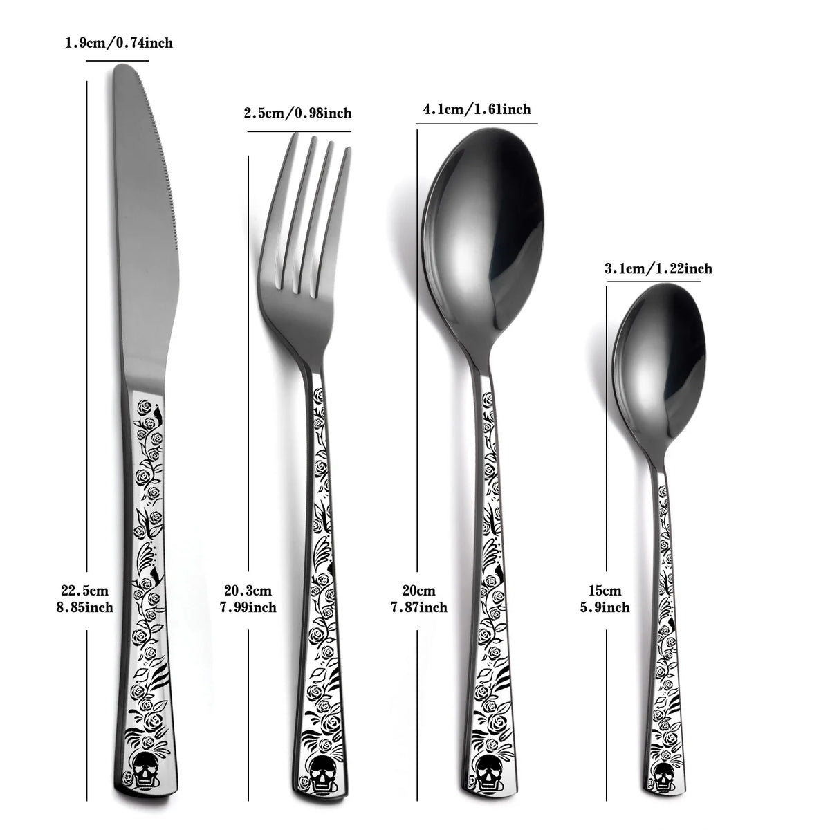 A set of stainless steel cutlery featuring a skull pattern on the handles.