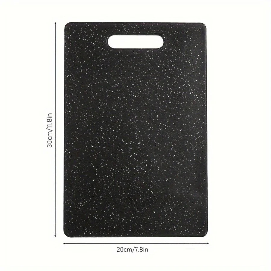 Black marble texture cutting board with a handle, measuring 30cm by 20cm.