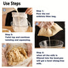 Three steps showing how to use reusable mesh strainers to filter milk into a bowl.