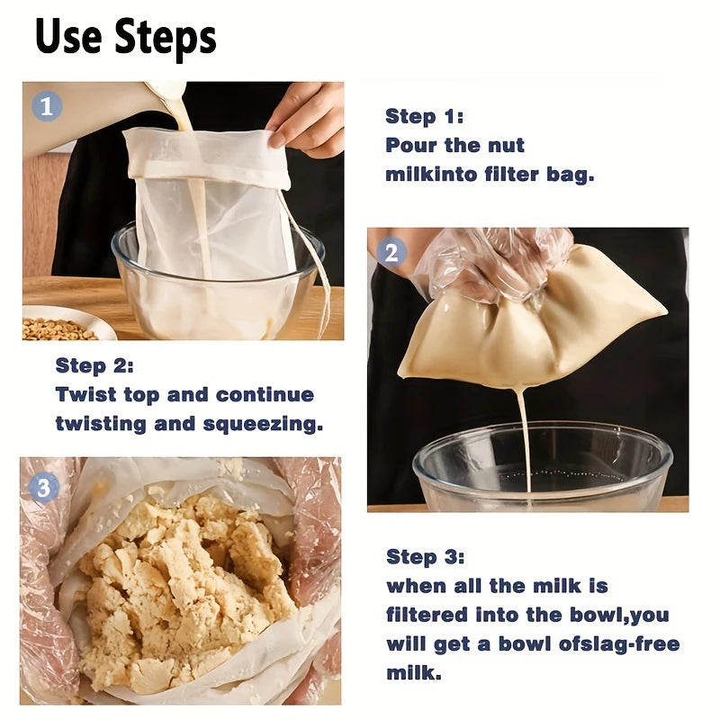 Three steps showing how to use reusable mesh strainers to filter milk into a bowl.