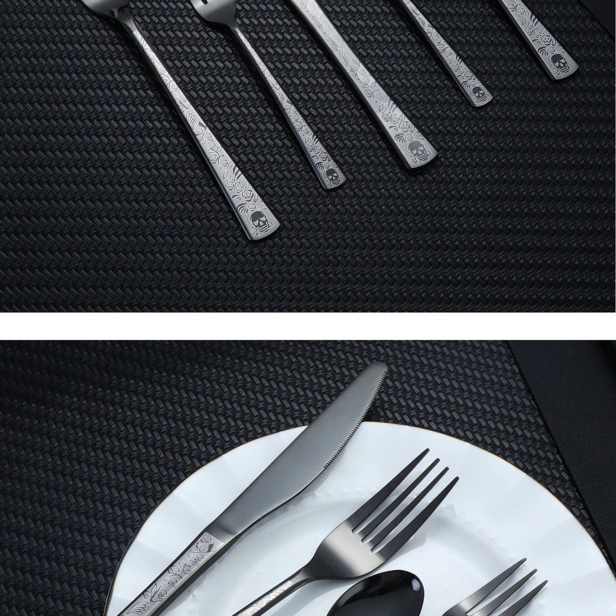 A set of stainless steel cutlery, including a knife and fork, with a skull pattern design, placed on a dark surface.