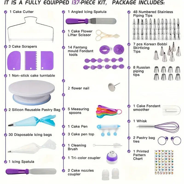 A fully equipped 137-piece cake decorating kit including cutters, spatulas, tips, bags, and tools.