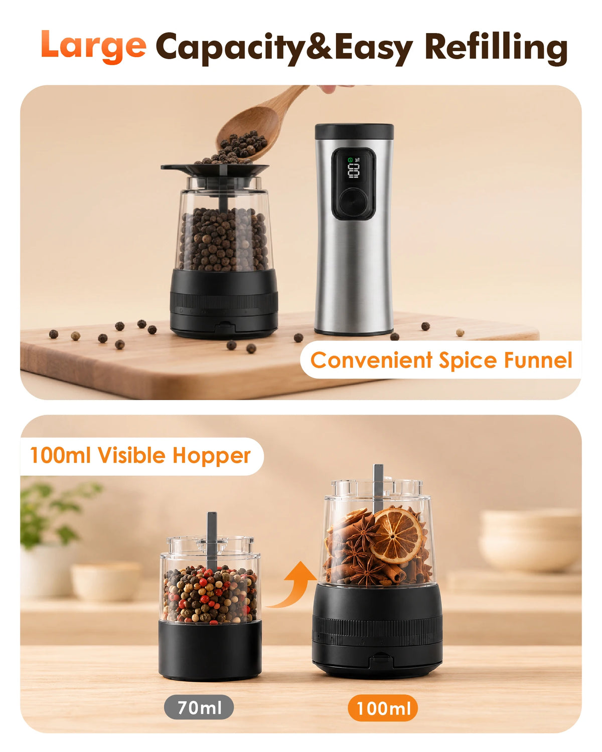 Automatic rechargeable salt and pepper grinder showing a large capacity hopper and a 100ml visible hopper.