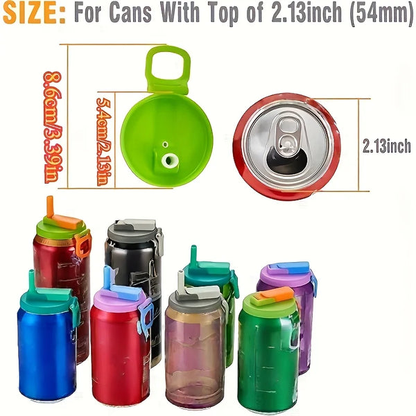 Various colored reusable drink cans with lids and straws shown next to a size reference for cans with a 2.13-inch top.