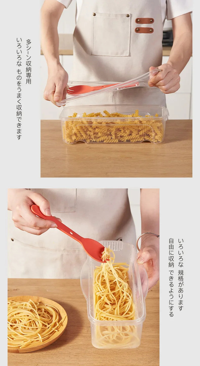 A person is using a clear plastic container to cook noodles or salad in a microwave, demonstrating how to cook them easily.