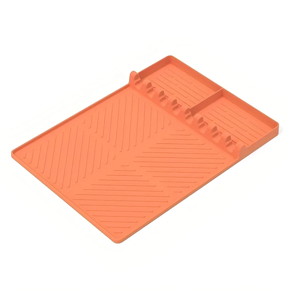 Orange silicone grill mat and drip pad set with ridges for grilling