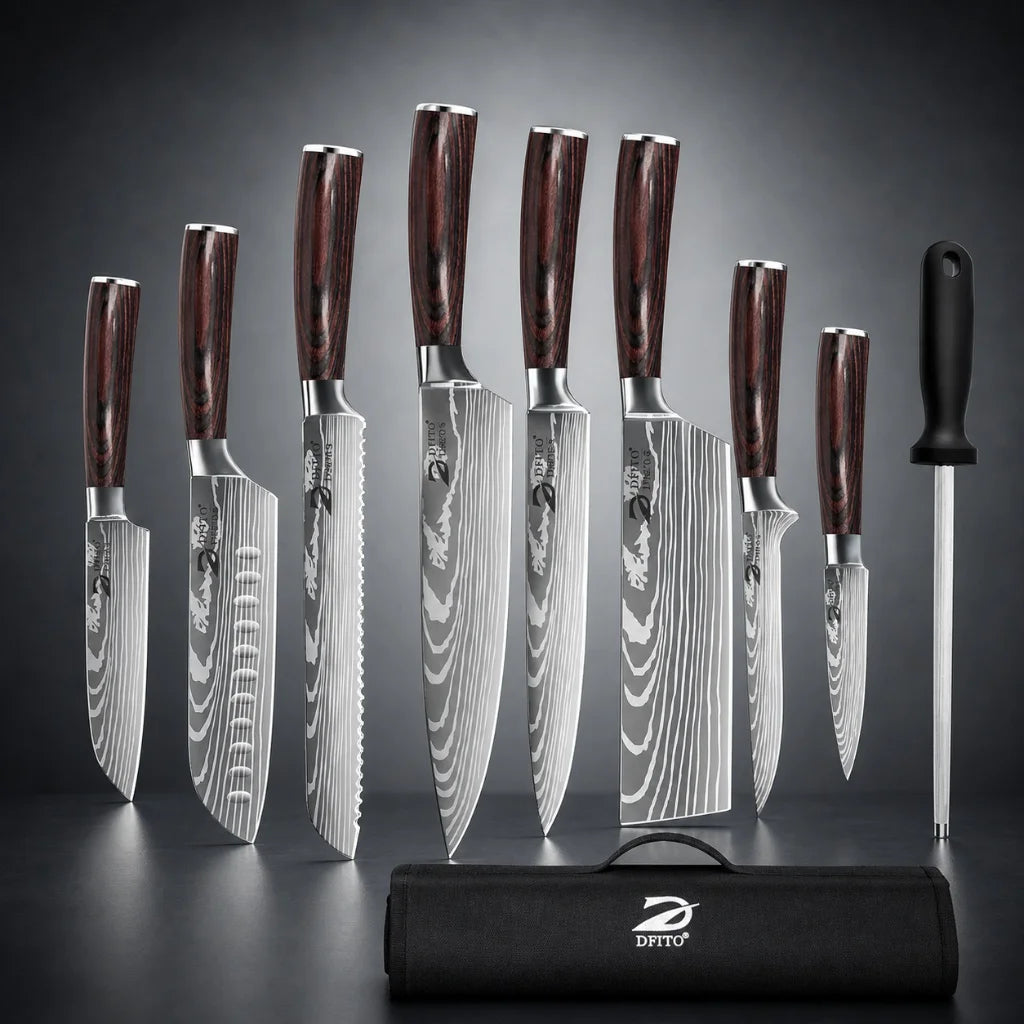 An 8-piece Damascus steel knife set with wooden handles displayed upright in a black carrying case.