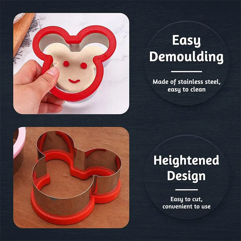 Red stainless steel sandwich cutters with a cute face design shown being used for food