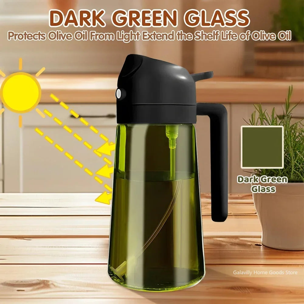 A dark green glass oil dispenser with a black pump is shown on a wooden table, demonstrating light protection for olive oil.