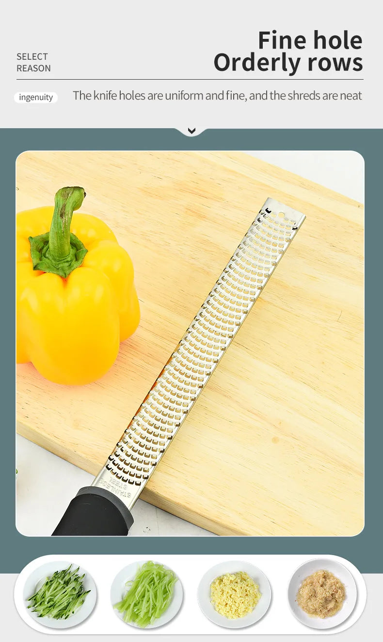 A stainless steel citrus grater with fine holes is shown next to a yellow bell pepper and various grated citrus zest products