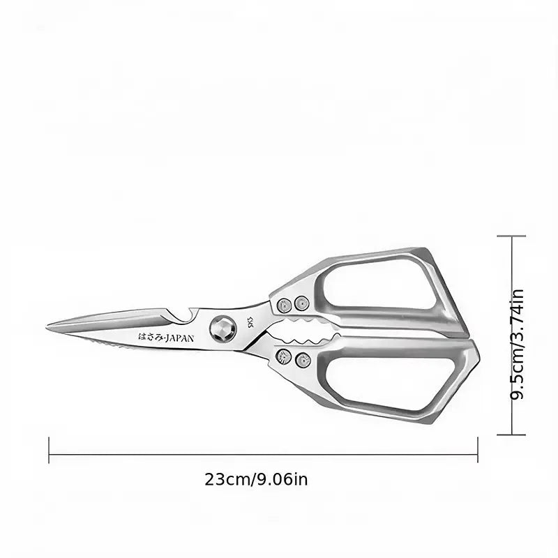 A pair of professional titanium kitchen shears with serrated blades shown in a side view.