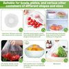 Reusable elastic plastic covers for bowls and plates shown with various food items