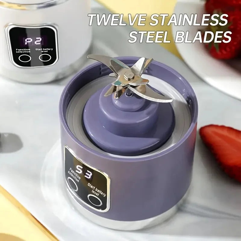 A purple portable handheld juicer blender with a stainless steel blade is shown on a white surface.