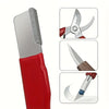 A red multi-material knife sharpener shown with close-ups of its various blades and components.