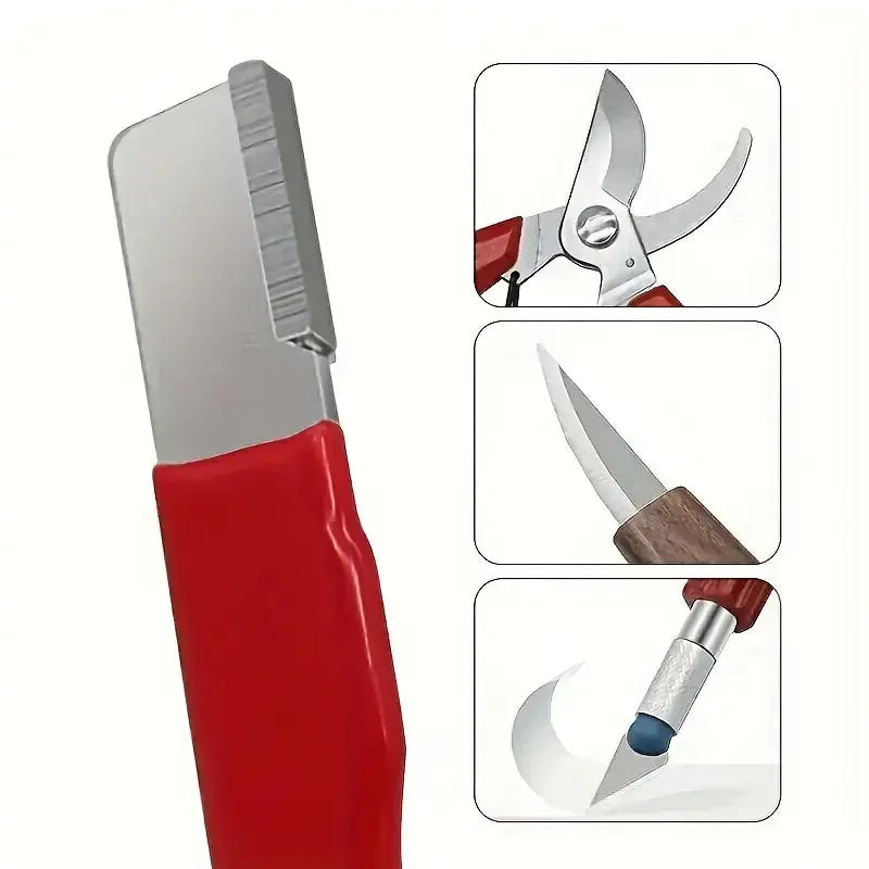 A red multi-material knife sharpener shown with close-ups of its various blades and components.