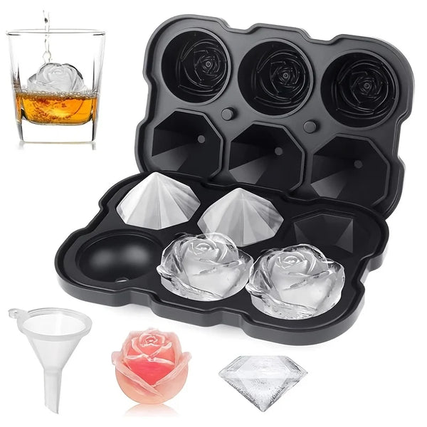 Set schwarze Silikon-Eisformen, einschließlich rosa und rautenförmiger Formen, und ein Glas bernsteinfarbene Flüssigkeit