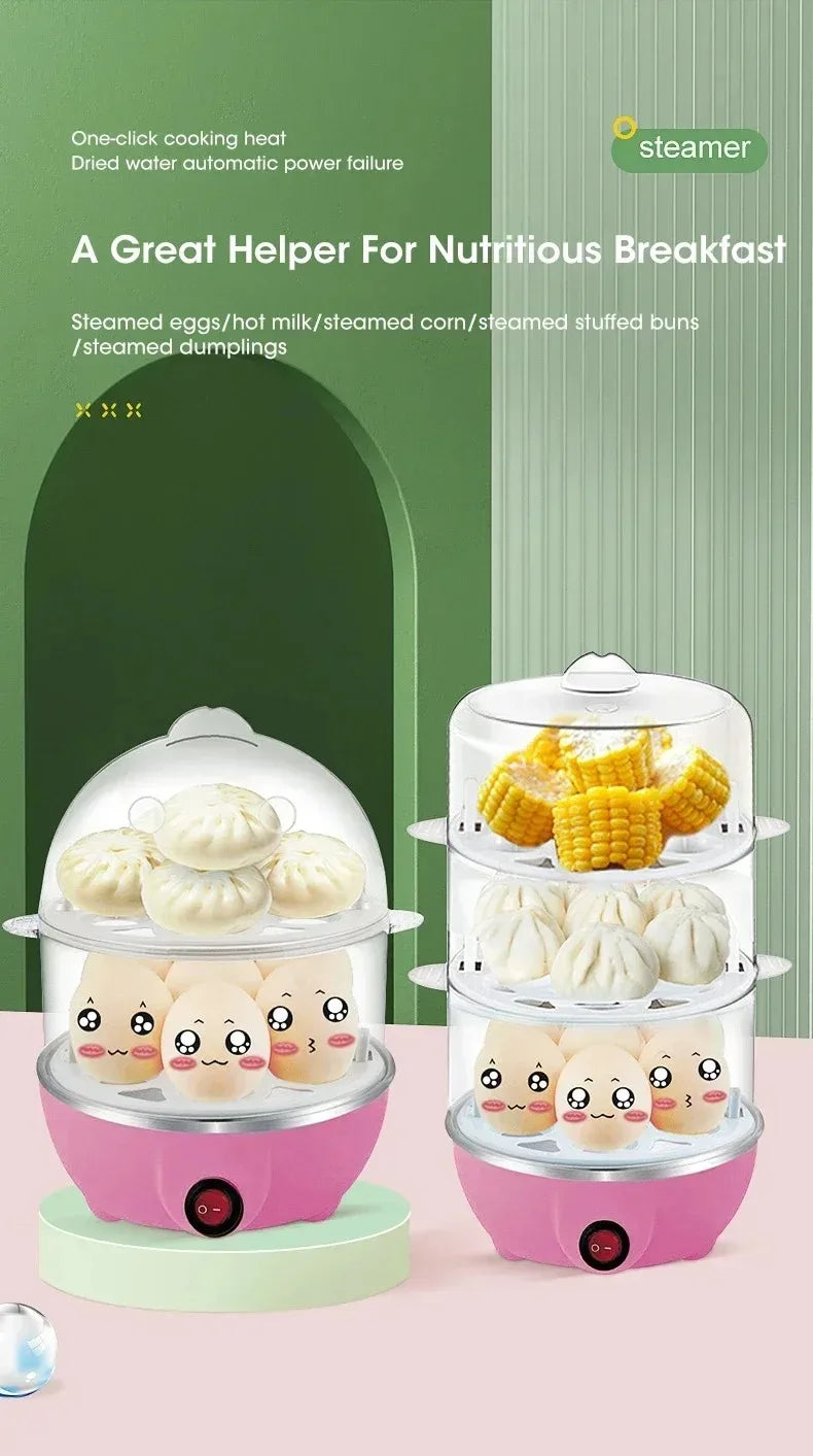A compact electric steamer in pink and white is shown with various steamed food items like eggs, corn, and buns.