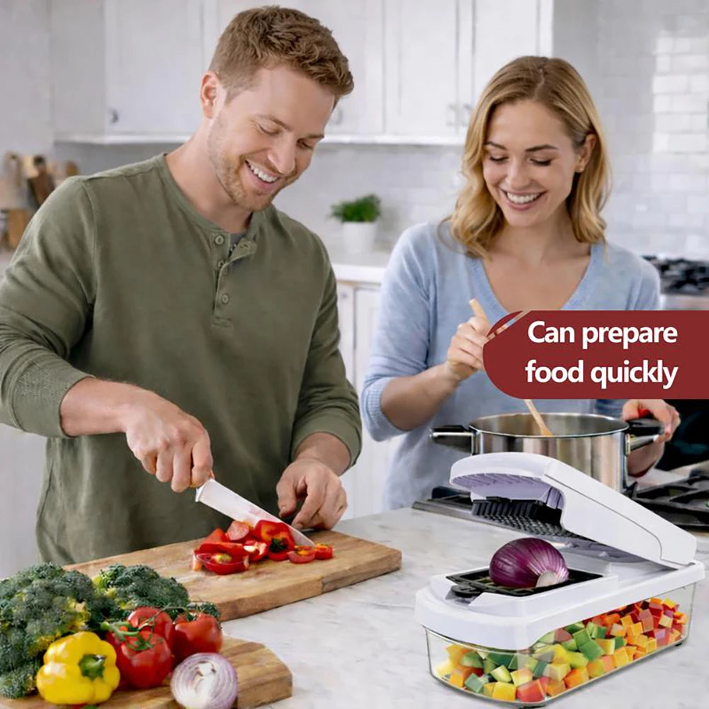 A man and a woman prepare food using a 15-in-1 multifunctional vegetable chopper with various vegetables on a cutting board.