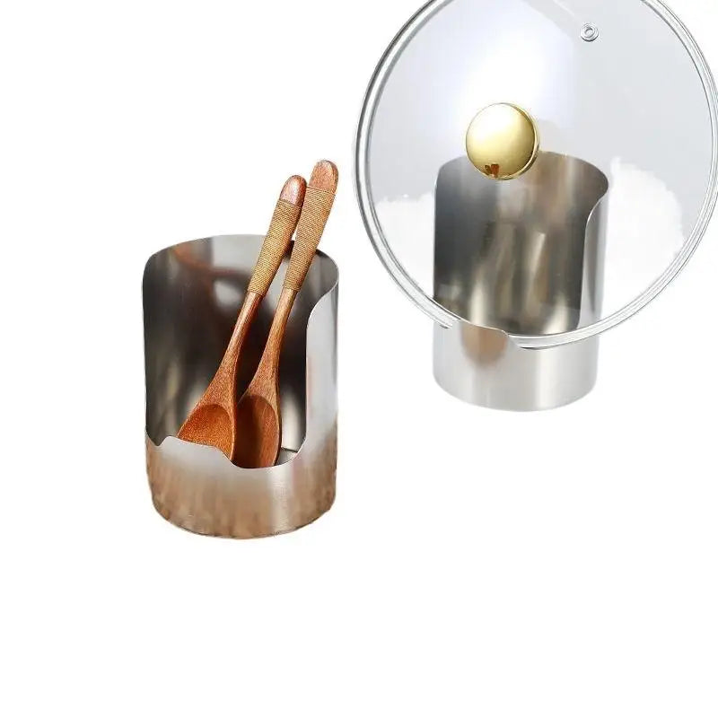 Stainless steel spoon and lid organizer rack with a lid and multiple spoons