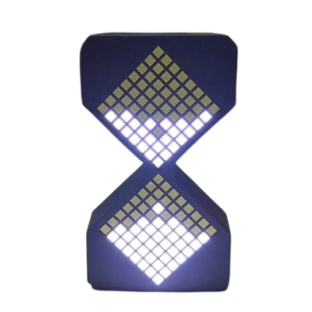 A digital hourglass timer with a dark blue casing and illuminated diamond patterns.