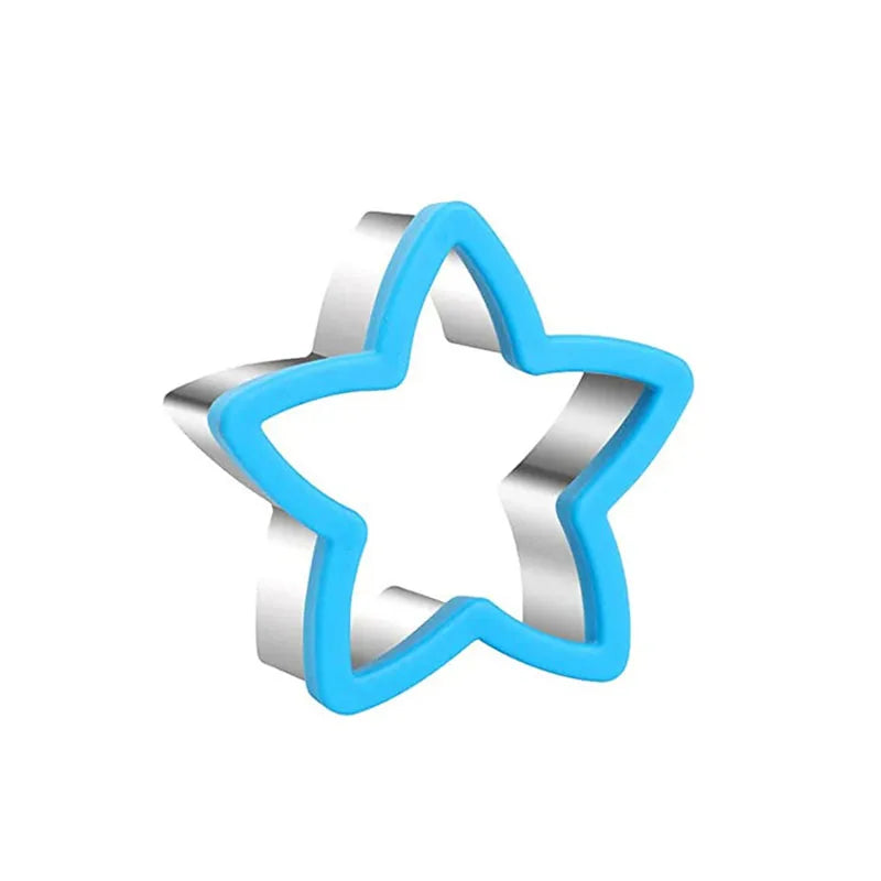 A star-shaped sandwich cutter made of shiny silver and light blue stainless steel.