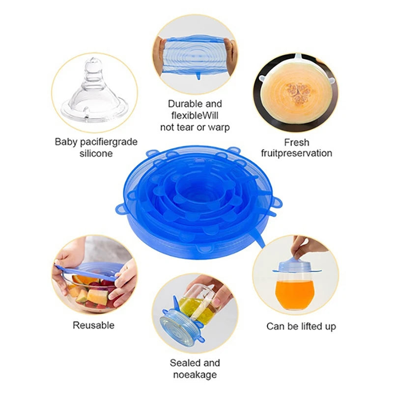 A set of blue silicone food storage lids and components demonstrating durability, reusability, airtight sealing, and fruit pr