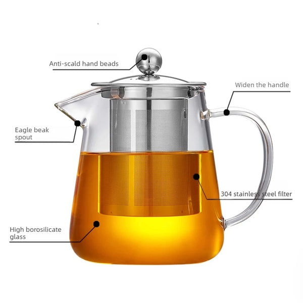 Klares Glasteeekessel mit bernsteinfarmer Tasse, Anti-Verbrüh-Griff und Edelstahlfilter.