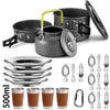 A set of 500ml camping cookware including pots, lids, and utensils in gray and silver.