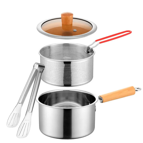 Edelstahl-Fritteusen-Topf-Set inklusive Sieb, Deckel und Holzgriffe