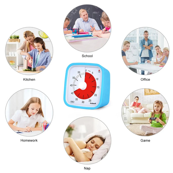 Visueller Countdown-Timer für Kinder in verschiedenen Kontexten wie Schule, Küche, Büro, Hausaufgaben, Spiel und Mittagsschla