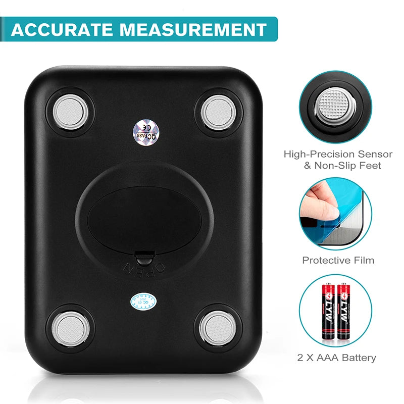 Black digital kitchen scale with a protective film and two AAA batteries shown for accurate measurement