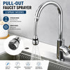 A chrome pull-out faucet sprayer with two spray modes is shown mounted on a kitchen sink.