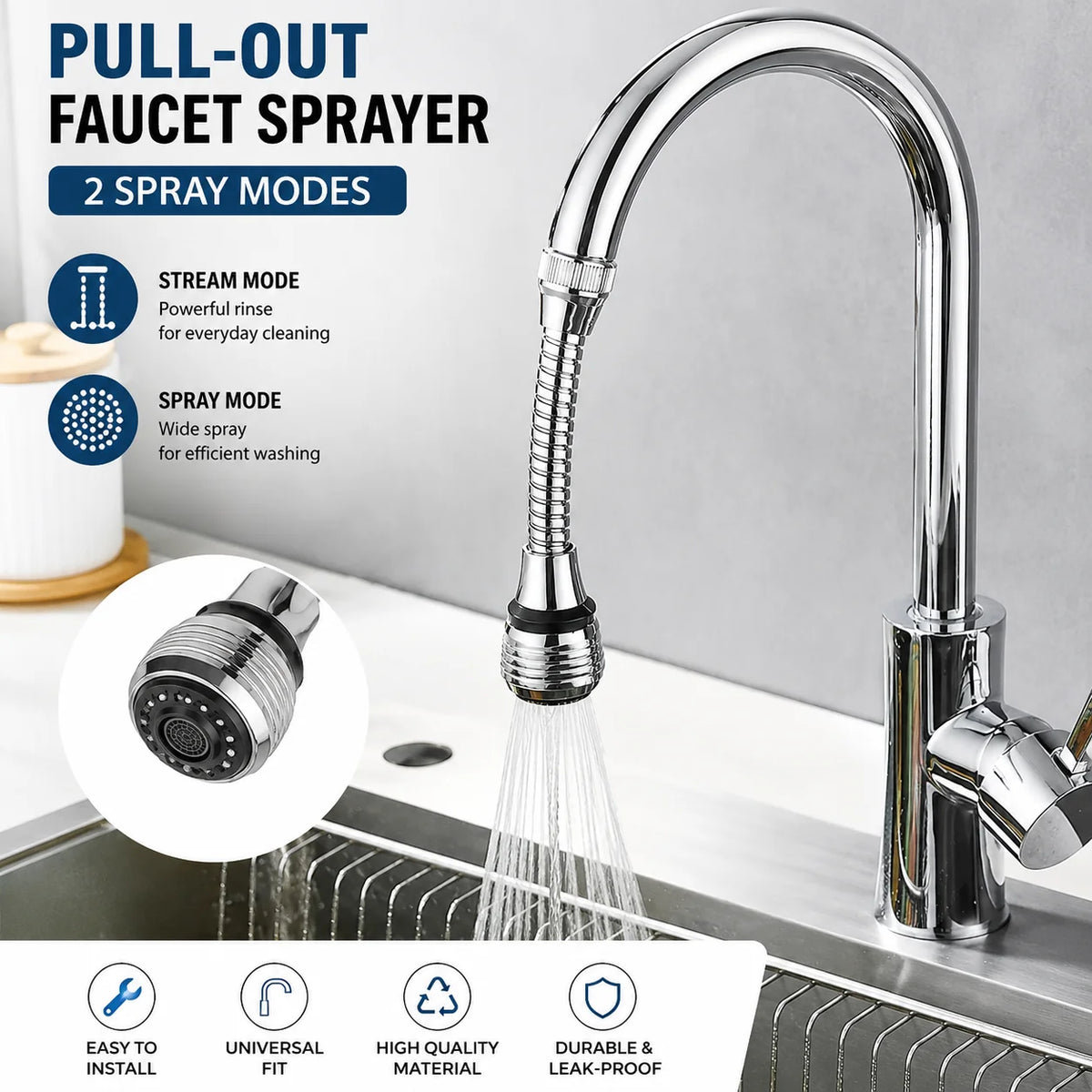 A chrome pull-out faucet sprayer with two spray modes is shown mounted on a kitchen sink.
